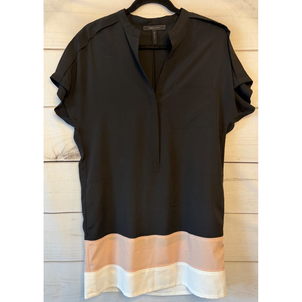 BCBGMAXAZRIA Women Black Colorblock Short Sleeve Tunic Dress Small RN 80734